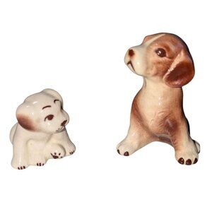 Vintage Ceramic Puppy Figurines Set - Brown & White Dogs With Big Feet - Small &